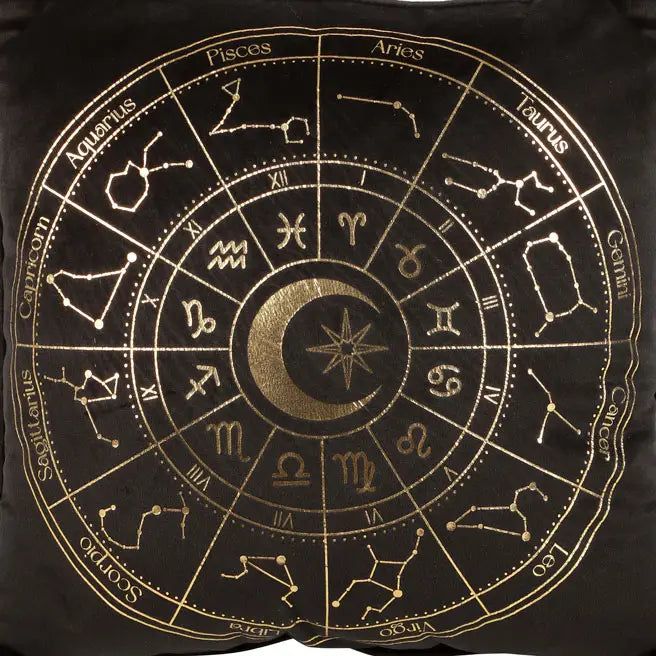 Black Astrology Wheel Cushion – Celestial Comfort with a Golden Glow