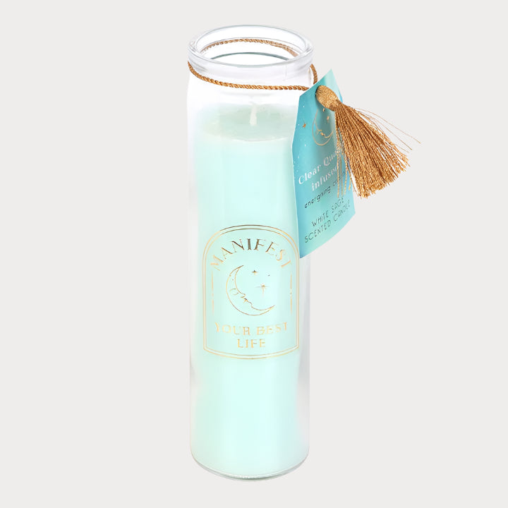 White Sage Tube Candle with Clear Quartz Crystals – Clear Your Mind, Manifest Your Best Life