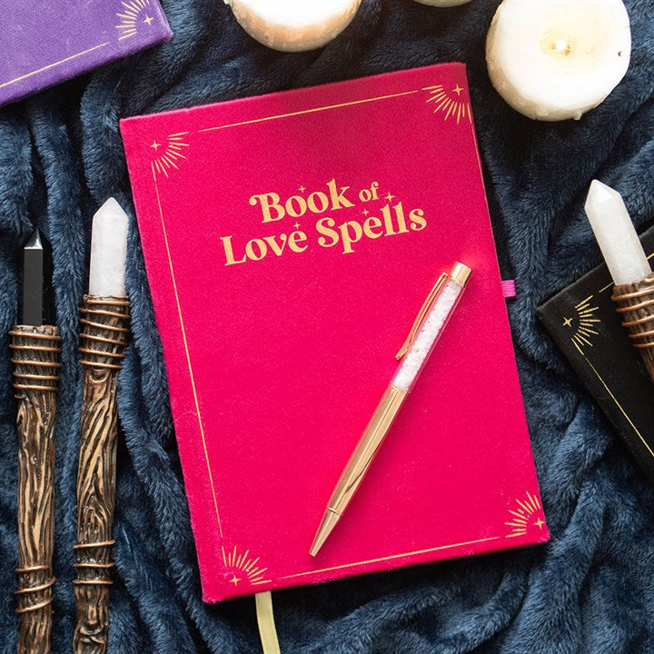 Book of Love Spells Journal with Rose Quartz Crystal Pen – Manifest Romance & Heartfelt Magic