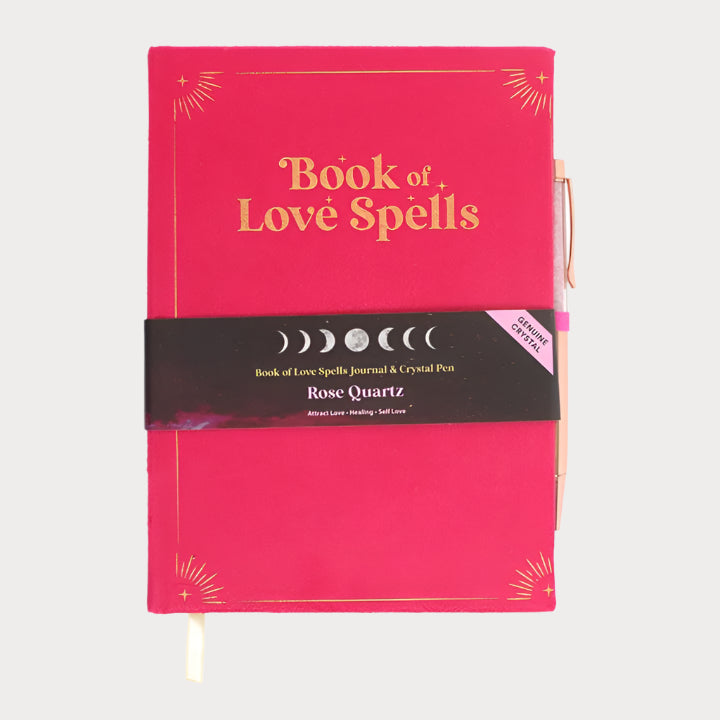 Book of Love Spells Journal with Rose Quartz Crystal Pen – Manifest Romance & Heartfelt Magic