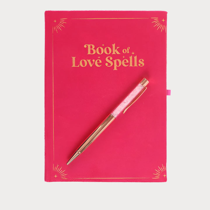 Book of Love Spells Journal with Rose Quartz Crystal Pen – Manifest Romance & Heartfelt Magic