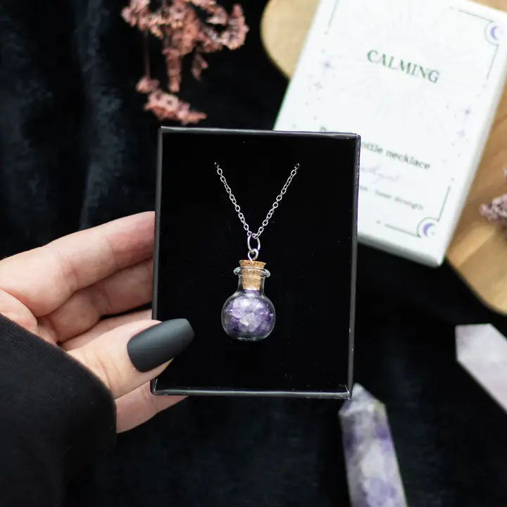 Calming Amethyst Crystal Chip Potion Bottle Necklace – A Magical Gift for Inner Peace