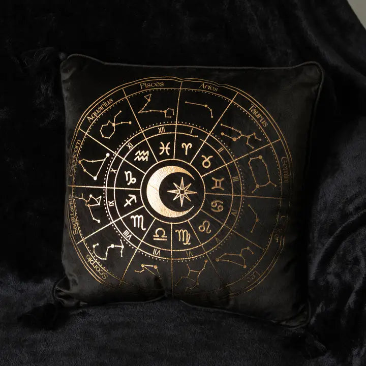 Black Astrology Wheel Cushion – Celestial Comfort with a Golden Glow