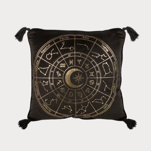 Black Astrology Wheel Cushion – Celestial Comfort with a Golden Glow