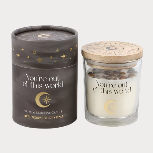Vanilla Stardust Crystal Candle with Tiger's Eye Chips – Ignite Positivity and Cosmic Vibes