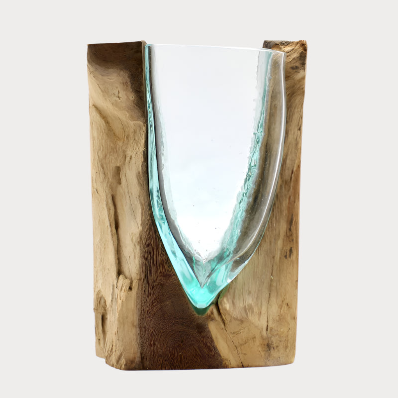 🔮 Molten Glass V-Shaped Art Vase on Gamal Wood