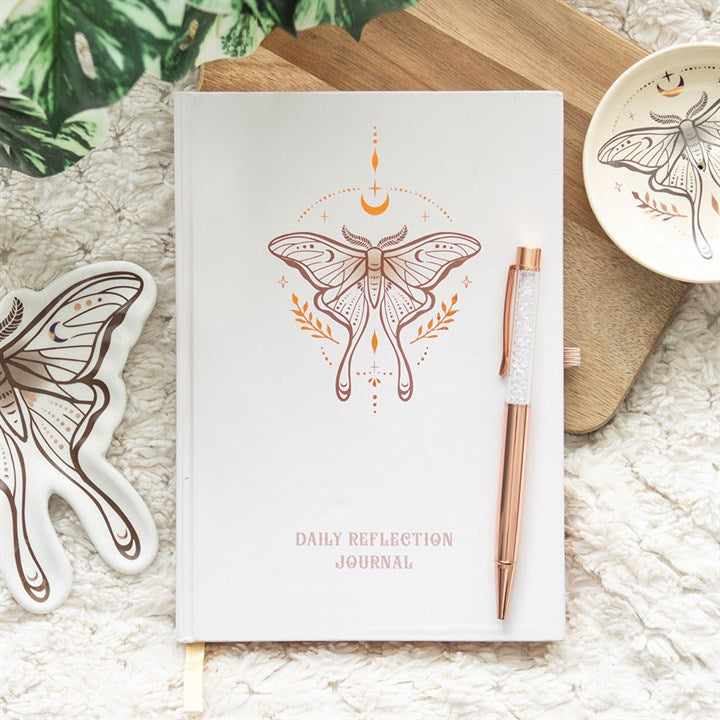 Luna Moth Daily Reflection Journal with Clear Quartz Pen – Manifest Clarity, Embrace Inner Guidance