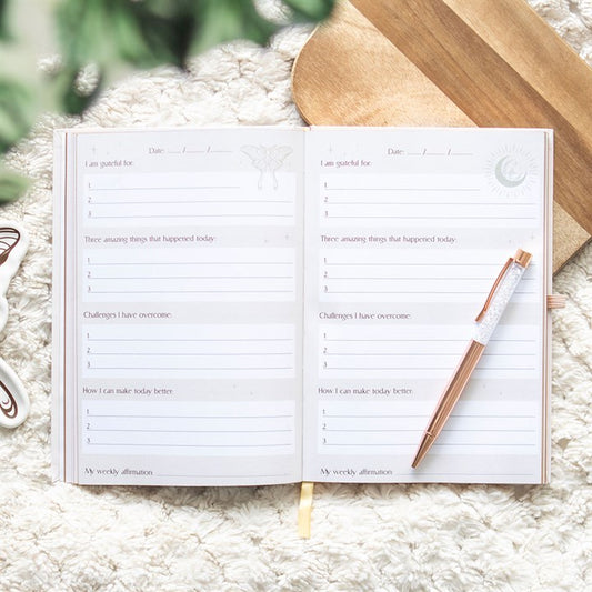 Luna Moth Daily Reflection Journal with Clear Quartz Pen – Manifest Clarity, Embrace Inner Guidance