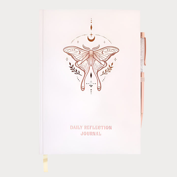 Luna Moth Daily Reflection Journal with Clear Quartz Pen – Manifest Clarity, Embrace Inner Guidance