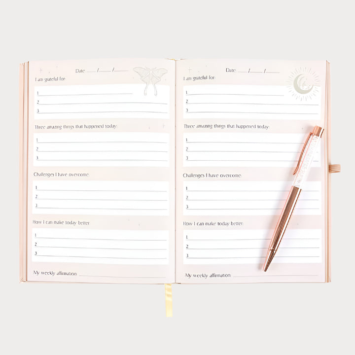Luna Moth Daily Reflection Journal with Clear Quartz Pen – Manifest Clarity, Embrace Inner Guidance
