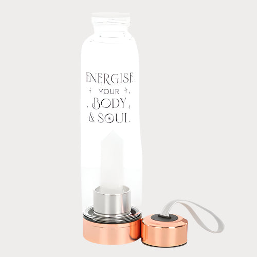 💧 Clear Quartz “Energise Your Body & Soul” Crystal Glass Water Bottle
