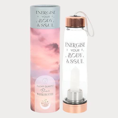 💧 Clear Quartz “Energise Your Body & Soul” Crystal Glass Water Bottle