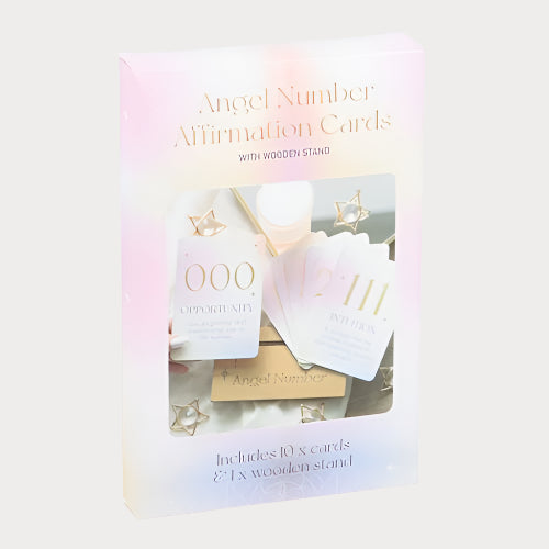 Angel Number Affirmation Card Set with Gold Wooden Display Stand