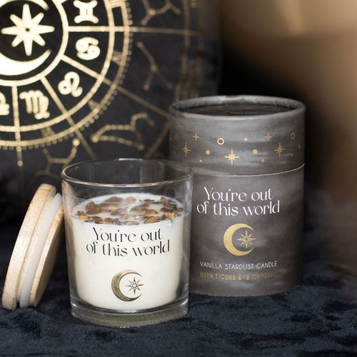 Vanilla Stardust Crystal Candle with Tiger's Eye Chips – Ignite Positivity and Cosmic Vibes