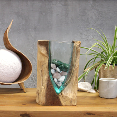 🔮 Molten Glass V-Shaped Art Vase on Gamal Wood
