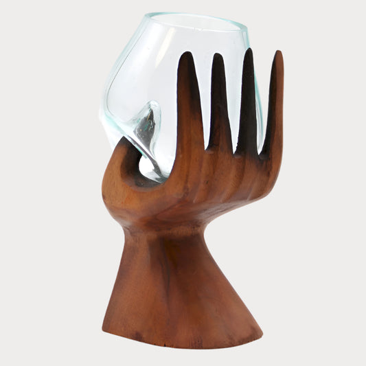 ✋ Sacred Offering: Carved Hand with Molten Glass Bowl