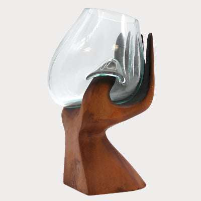 ✋ Sacred Offering: Carved Hand with Molten Glass Bowl